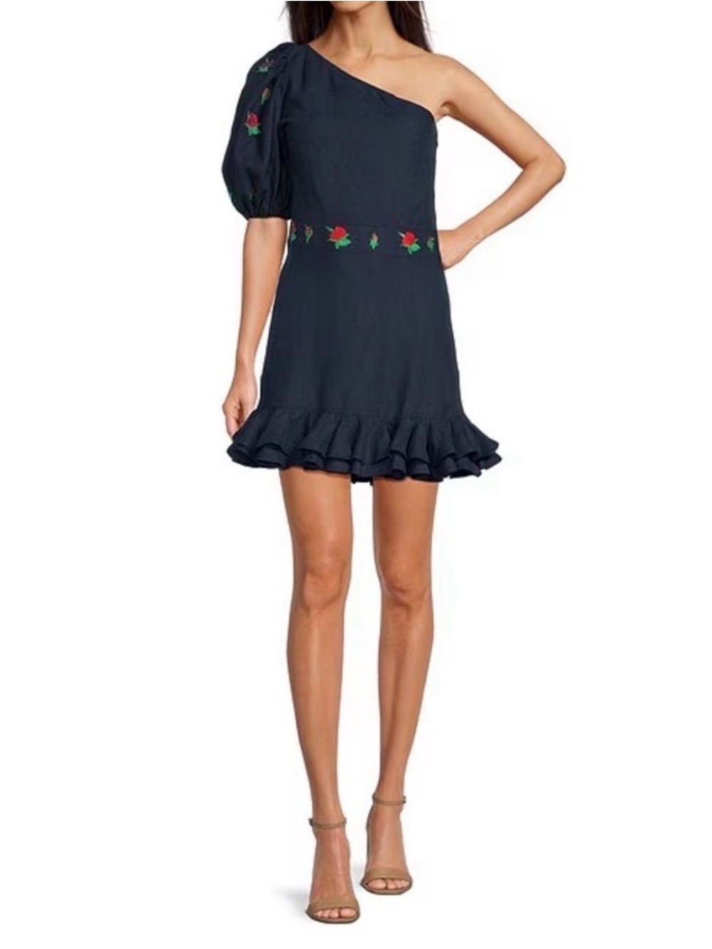 Fanm Mon Navy Flame Linen One Sleeve Ruffle Hem Floral Embroidery Mini Dress NWT